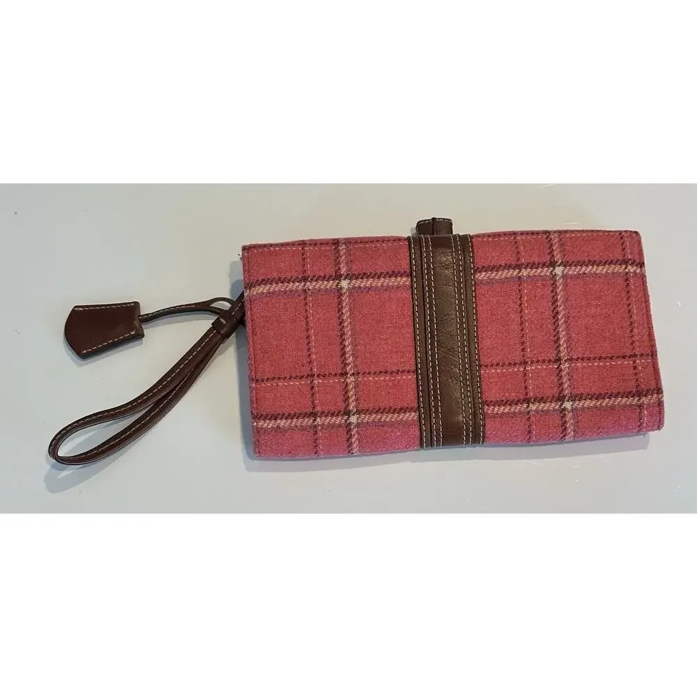 J Crew Wool Leather Plaid Pink Brown Wristlet Wallet Preppy Career Locket
